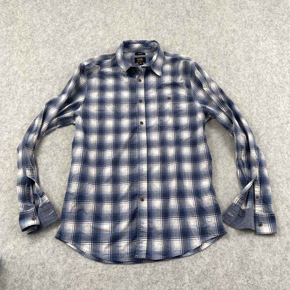 Lee Shirt Mens Medium Blue Plaid Regular Fit Stretch Long Sleeve Button-Up